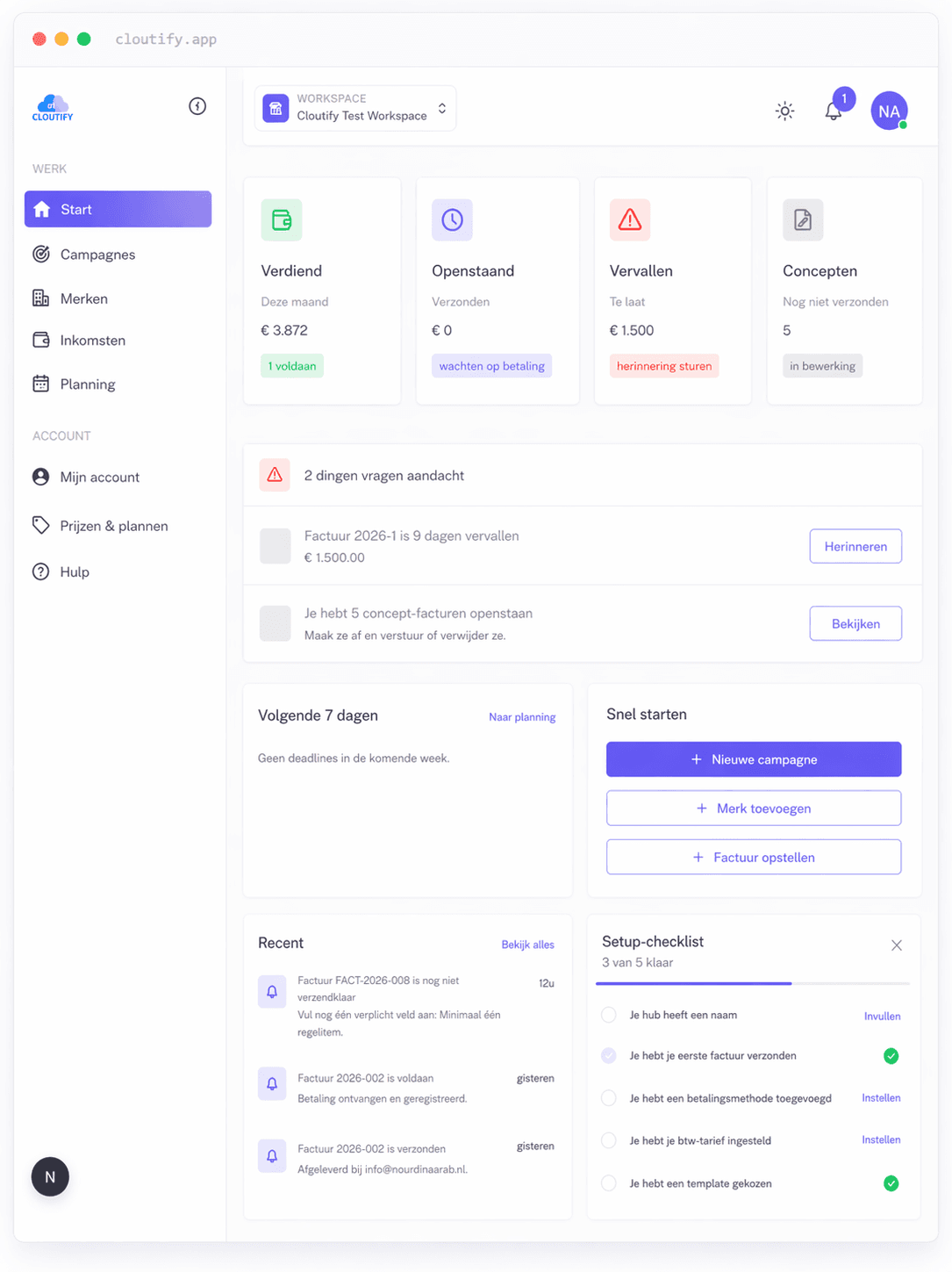 Cloutify dashboard — campagnes, merken en facturen op één plek