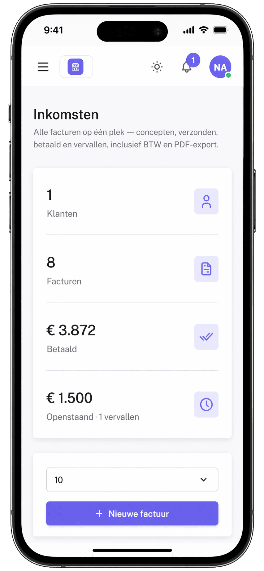 Cloutify mobiele app — inkomsten overzicht