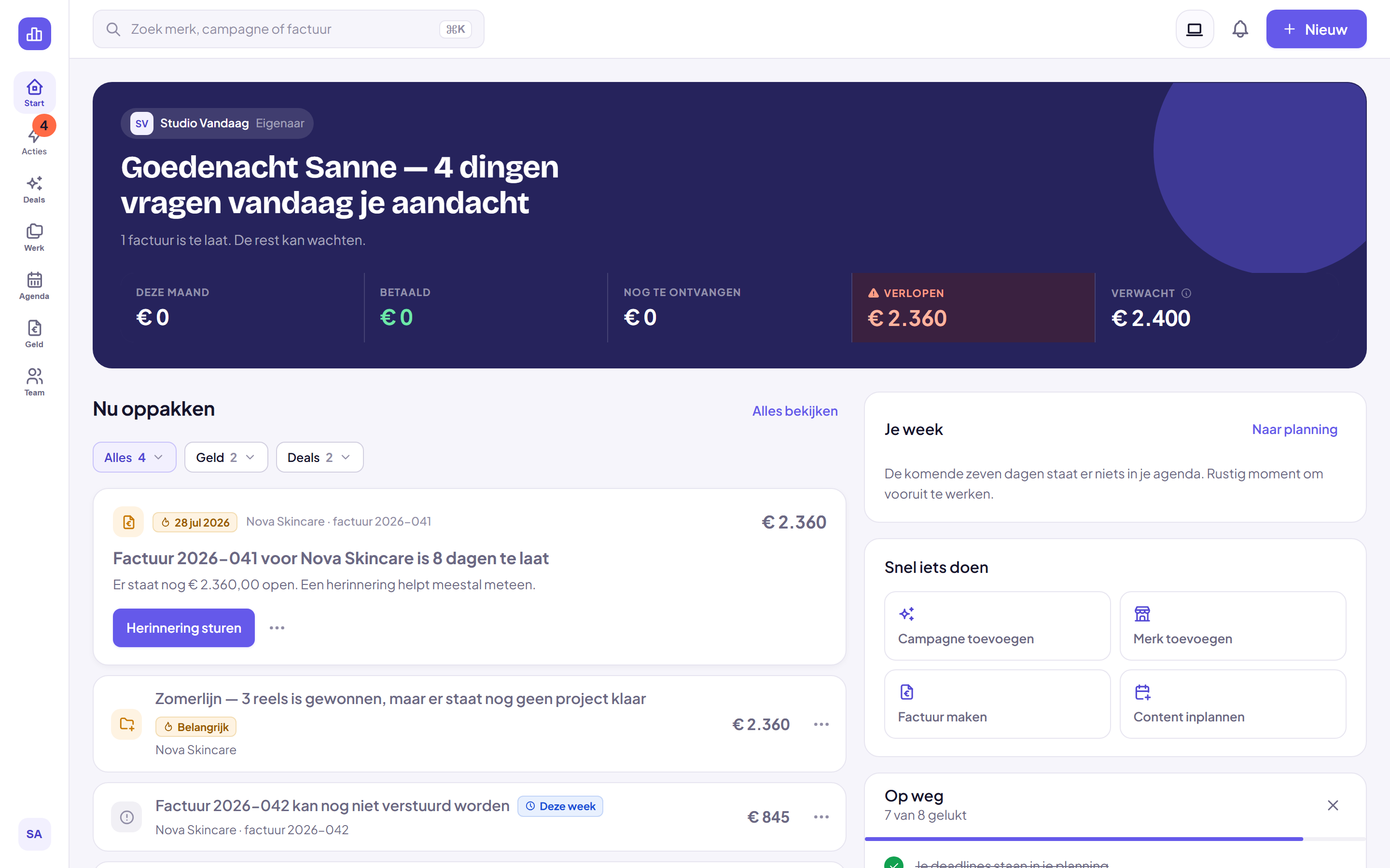 Het startscherm van Cloutify: wat vandaag je aandacht vraagt, met het openstaande bedrag erboven.